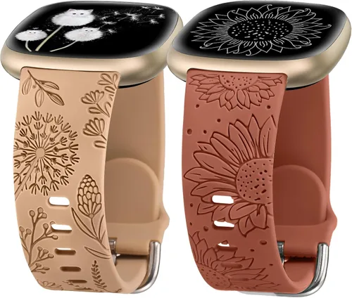 Miniatura 16 de Minyee Paquete de 2 correas grabadas florales compatibles con Fitbit Versa 4/Versa 3/Sense 2/Sense Band para mujer, lindo diseño de girasol