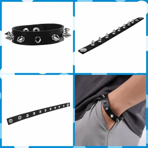 Miniatura 4 de 3 Pieces Punk Rock Leather Bracelets for Women Pop 80s 90s Emo Jewelry Accessories Retro Spiked Adjustable Wrap Wrist Cuffs