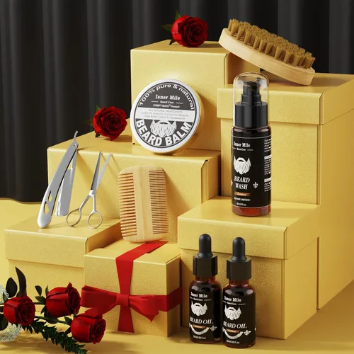 Miniatura 8 de Kit de cuidado de barba para hombres: con champú para barba - aceite - bálsamo - cepillo - peine - tijeras y bolsa de almacenamiento, Día del Padre
