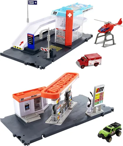 Miniatura 8 de Matchbox Juego de Coches de Juguete, Estación de Combustible con Conductores de Acción y Camión de Juguete a Escala 1:64, Mangueras de Gas Movibles