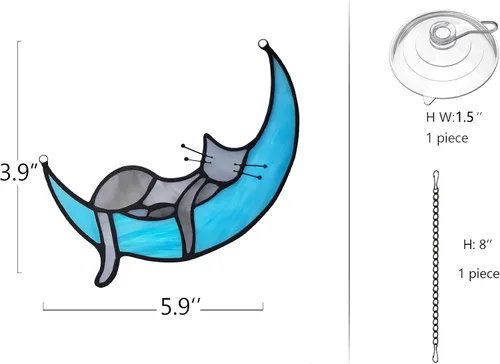 Miniatura 2 de BOXCASA Atrapasoles de Vidrio Emplomado Hecho a Mano de Gato Gris en Luna - Colgante Decorativo para Ventana para Amantes de los Gatos, Día