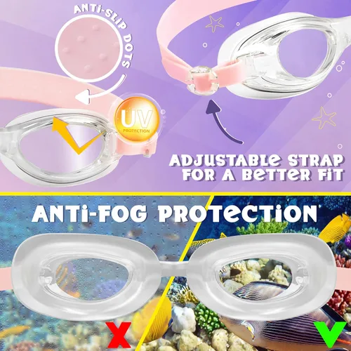 Miniatura 5 de Disney Juego de gafas de natación y gorro de natación para niños con protección UV antivaho (princesa rosa, 3-6 años)