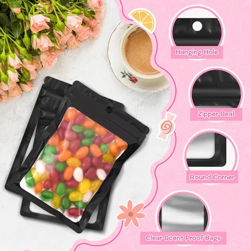 Miniatura 6 de FUNFERY - Paquete de 100 bolsas resellables de Mylar con ventana transparente esmerilada, bolsa con cremallera a prueba de olores
