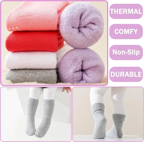 Miniatura 4 de hakugoo 6 pares de calcetines antideslizantes para niños pequeños con pinzas de invierno, gruesos, cálidos, acogedores, calcetines para bebés y niños