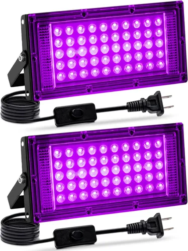 Paquete de 2 luces negras de 50 W, luz negra LED con enchufe e interruptor de EE. UU., luces negras para fiestas brillantes y de neón, Halloween,