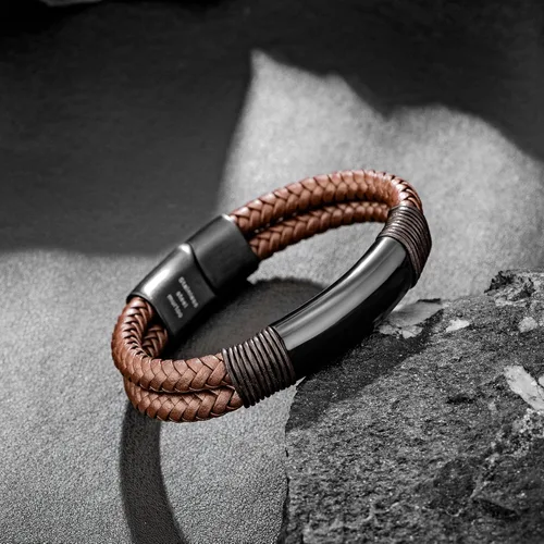 Miniatura 3 de murtoo Pulsera para hombre de cuero y acero, pulseras trenzadas de doble fila para hombres con cierre magnético de acero inoxidable, regalo elegante