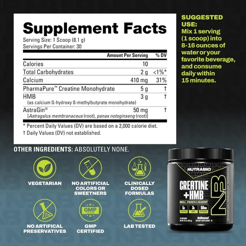 Miniatura 6 de NutraBio Creatina + HMB - Monohidrato de creatina con polvo de HMB para el crecimiento muscular, mayor fuerza - 30 porciones (sin sabor)