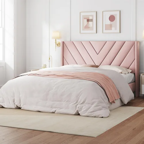 Miniatura 11 de Yaheetech Base de cama tamaño Queen con plataforma tapizada con cabecera con lados en forma de ala/soporte de listones de madera/cabecera tapizada