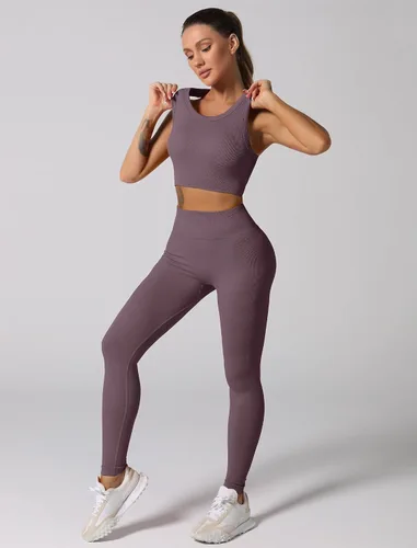 Miniatura 59 de Conjuntos de entrenamiento para mujer, 2 piezas, sin costuras, acanalada, sin mangas, brasier deportivo, cintura alta, pantalones cortos