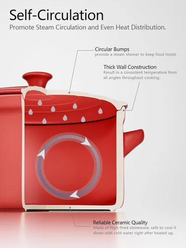 Miniatura 7 de LE TAUCI Horno holandés de cerámica de 3 cuartos - Ligero, no tóxico, no necesita curado - Apto para horno, microondas y lavavajillas, olla Rojo