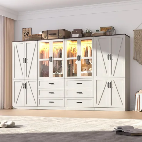 Miniatura 16 de Hlivelood Armario Ropero Estilo Granja de 75" de Alto con 2 Puertas con LED, Armario Independiente para Dormitorio con Barra para Colgar, Gabinete