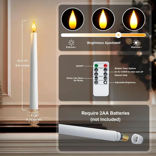 Miniatura 6 de 6 piezas de velas cónicas sin llama con control remoto y temporizador, 9.6 pulgadas de velas LED de plástico, velas blancas operadas por batería