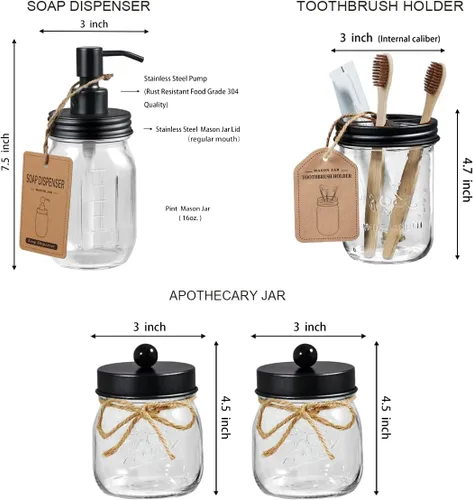 Miniatura 5 de SheeChung. - Conjunto de accesorios para baño de frascos Mason, juego de 6 unidades. Negro