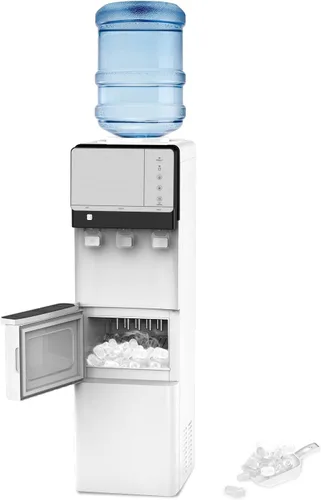 IKT Dispensador de enfriador de agua 3 en 1 con máquina de hielo para botella de 5 galones, 27 libras en 24 horas, luz nocturna de 3 temperaturas,