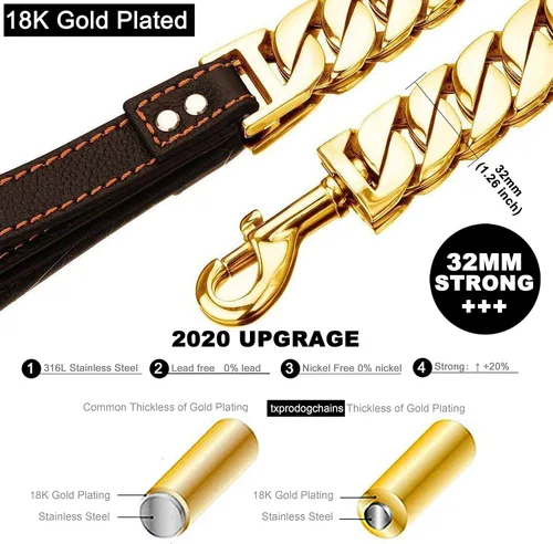 Miniatura 3 de txprodogchains - Correa grande a prueba de mordidas para perros grandes, correa de cadena dorada de 1.28 pulgadas de grosor con mango acolchado