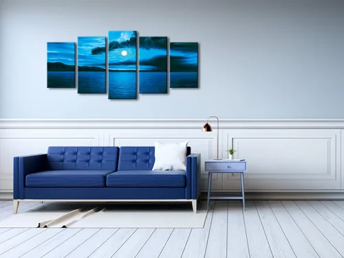 Miniatura 3 de Wieco Art Arte moderno de 5 piezas de lienzo Giclée envuelto en azul oscuro, océano, blanco, sol, arte de pared para sala de estar, dormitorio