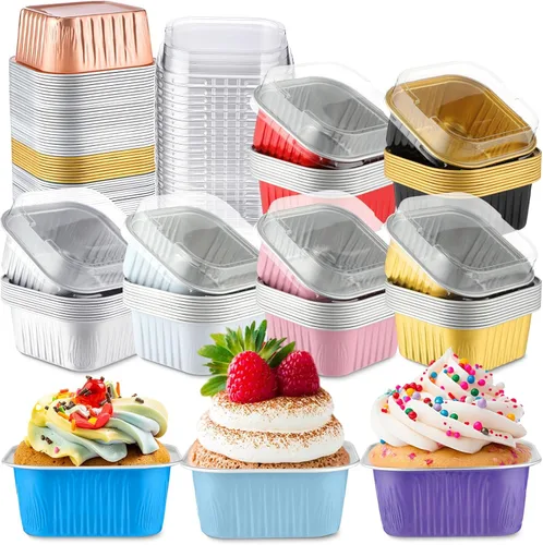 Miniatura 14 de Skylety 100 Piezas Moldes para Hornear Cuadrados Mini de 5 oz con Tapa Molde de Lámina de Aluminio para Magdalenas Molde para Brownies Moldes Varios