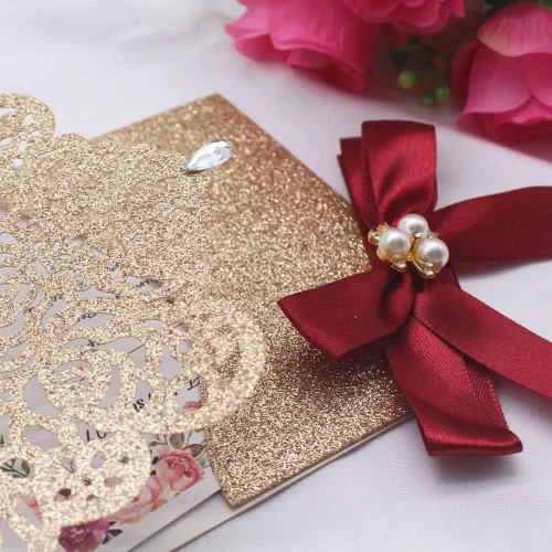 Miniatura 8 de AdasBridal 25 invitaciones de corte láser con purpurina dorada con tarjetas y sobres, diseño de diamante y cinta de lujo con inserto de papel perla