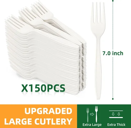 Miniatura 2 de Tenedor 100% compostable, 7 pulgadas, 150 tenedores desechables de almidón de maíz, cubiertos resistentes con certificación BPI, utensilios