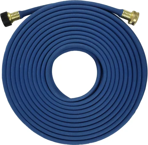 Manguera plana de jardín de 1/2 pulgada x 50 pies, más fugas de agua, resistente, extremos de conector de manguera de metal, ahorra un 80% de agua,