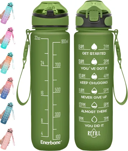 Enerbone Botella de agua de 32 onzas con horas para beber y pajita, motivacional con correa para llevar, a prueba de fugas, sin BPA ni tóxicos,