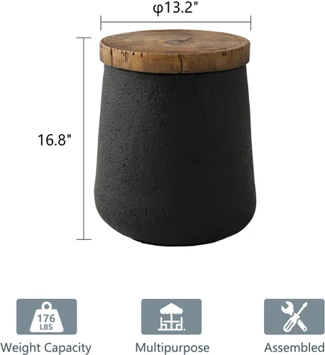 Miniatura 2 de COSIEST Mesa auxiliar de tambor con forma de cilindro de hormigón con parte superior de madera sintética, mesa de acento negra para exteriores