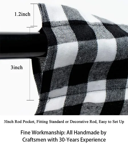 Miniatura 2 de ShinyBeauty Cortinas de cocina a cuadros negros de búfalo 2 paneles de cortinas opacas con borlas y bolsillo para barra, cortinas opacas de 63
