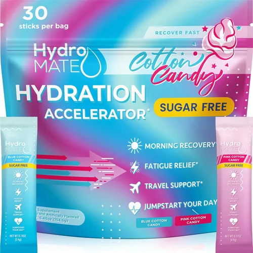 HydroMATE - Electrolitos en polvo sin azúcar, algodón de azúcar, 30 paquetes de hidratación instantánea con vitamina C para aumentar la energía,