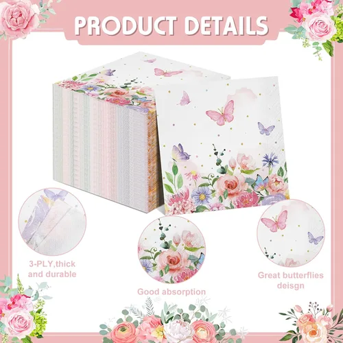 Miniatura 3 de 100 servilletas de mariposa rosa, toallas de papel desechables coloridas para jardín, primavera, verano, flores y mariposas, toallas de mano