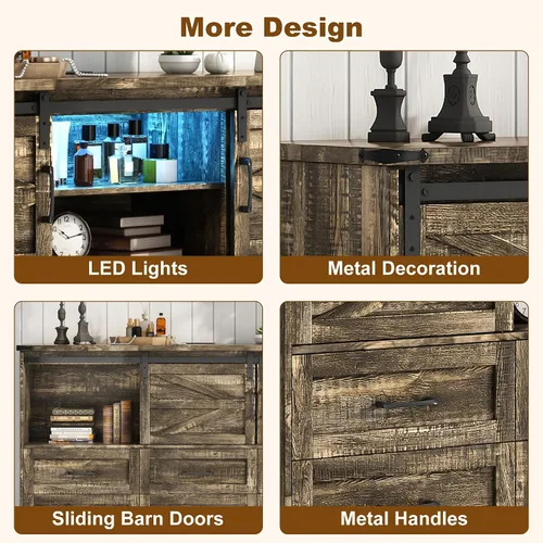 Miniatura 6 de Cómoda para dormitorio con 9 cajones, cómoda de madera de 43 pulgadas de alto con puertas corredizas de granero, luces LED, soporte de TV moderno