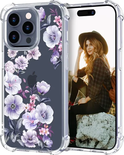 Miniatura 65 de Hungo Funda compatible con iPhone 15 Plus para mujer, diseño floral transparente, lindo, flor azul rosa Rosas Azules