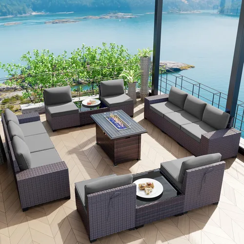 Miniatura 54 de Kullavik Juego de 13 muebles de patio al aire libre con mesa de fogata de gas propano de 43 pulgadas, 55000 BTU, mimbre de polietileno, sofá Arena