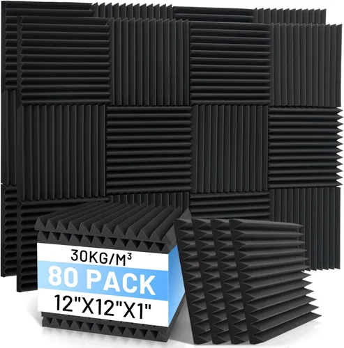 Focusound Paquete de 80 paneles de espuma a prueba de sonido, paneles de espuma acústica de 1 x 12 x 12 pulgadas para pared, paneles de cuña