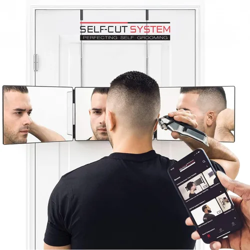 Miniatura 8 de Self-Cut System Espejo de Barbero de 3 Vías con Ganchos Ajustables en Altura, Espejo Tríptico Self Cut de 360° para Cortes de Cabello para Hombres