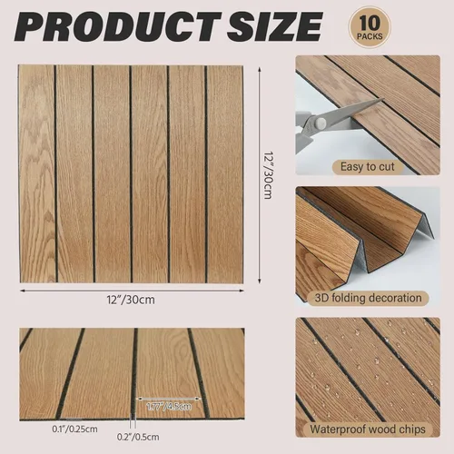Miniatura 2 de 10 paneles de pared de listones de madera para despegar y pegar, paneles de pared decorativos de 12 x 12 pulgadas, paneles autoadhesivos con textura