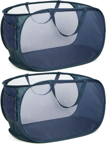 Cestas de lavandería plegables duraderas, cesta de lavandería desplegable de malla con bolsillo lateral, cesta de ropa plegable con asas de 2 x azul