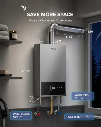 Miniatura 7 de APUS Calentador de agua sin tanque de gas natural, hasta 3.6 GPM, calentador de agua sin tanque para interiores, 80,000 BTU bajo demanda