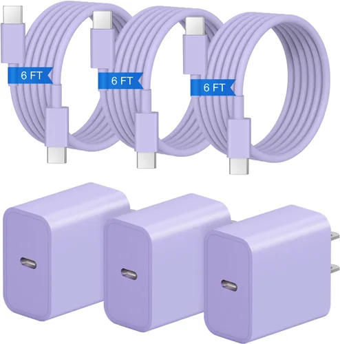 Miniatura 15 de Cargador de carga rápida para iPhone 17, 16, 15, paquete de 3+3 cargadores de pared USB C de 20 W con cable de carga rápida de 6 pies compatible