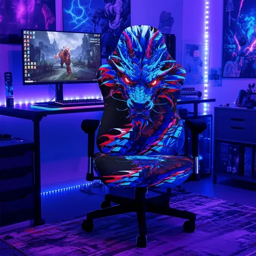 Miniatura 9 de Blacklight - Funda para silla de juegos, protector de silla de deportes electrónicos reactivo a los rayos UV con diseño de calavera de neón