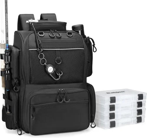 Miniatura 9 de Rabjen Mochila de aparejos de pesca con soportes para caña, soporte para botellas, bolsa de almacenamiento, tienda de equipo de pesca Camuflaje Negro