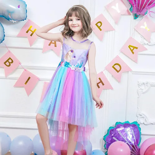 Miniatura 2 de Sunny Fashion Vestido de flores para niñas, unicornio, arco iris, concurso de princesa, fiesta, Arco iris