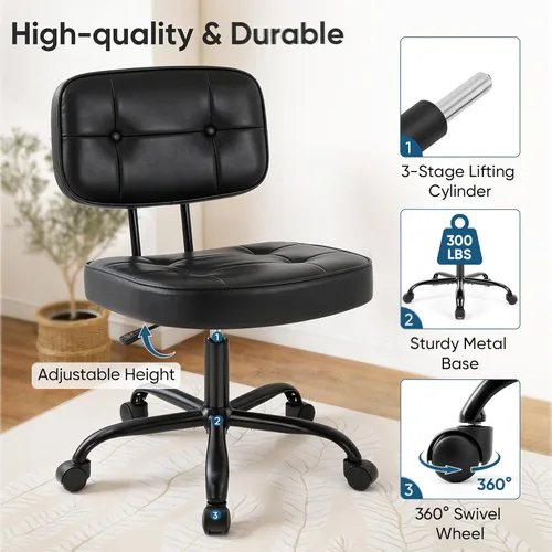 Miniatura 6 de DUMOS Silla de escritorio de oficina en casa, silla ergonómica de piel sintética sin brazos, con cómodo soporte lumbar y altura ajustable, tocador