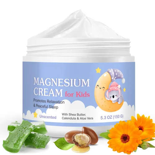 Crema de magnesio para niños, loción de aceite de magnesio para relajación ósea y muscular, calma y nutre la piel con caléndula, aloe vera, manteca
