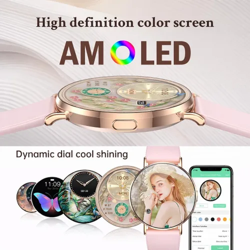 Miniatura 2 de Relojes inteligentes para mujer, pulseras pequeñas, correa de silicona rosa de 1.614 in, reloj inteligente con llamada Bluetooth, pantalla AMOLED