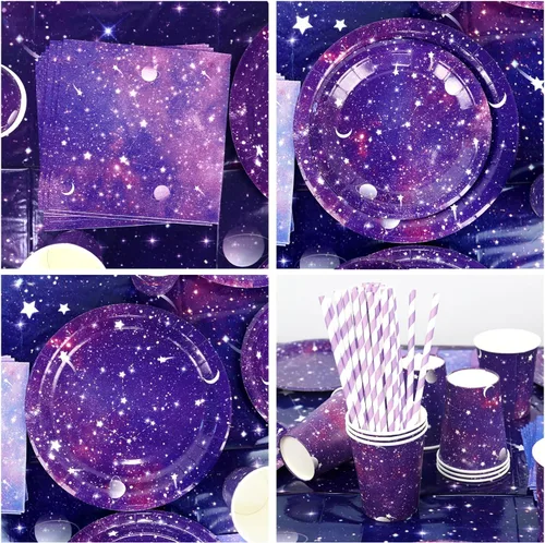 Miniatura 2 de Suministros de fiesta de galaxia, incluye telón de fondo de cumpleaños de galaxia espacial, platos, servilletas, vasos, mantel, globos, globos
