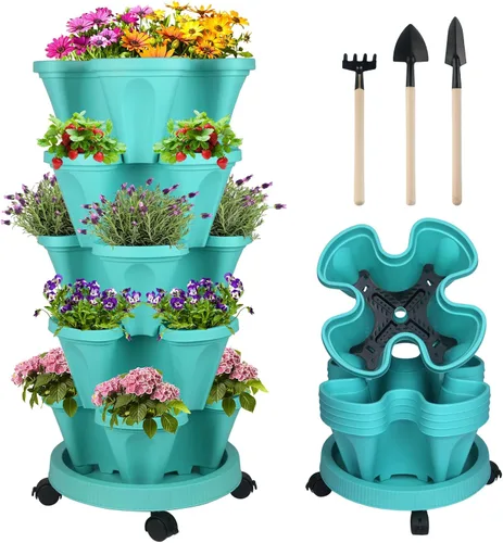 Miniatura 34 de Macetas apilables de polipropileno DUNCHATY, de 5 niveles, verde pino, para interior/exterior, 29" de altura x 13.6" de diámetro 2-1 Paquete