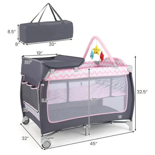 Miniatura 7 de BABY JOY 4 en 1 Pack and Play, corralito de juego portátil para bebés con moisés, puerta con cremallera lateral, mesa de cambio, centro