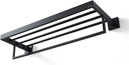 Miniatura 5 de Toallero, toallero para baño, toallero cuadrado moderno estilo hotel con estante, 24 pulgadas, negro mate, montado en la pared, sin montaje, serie