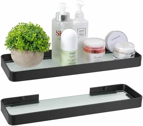 Miniatura 7 de Z metnal Estantes de baño de vidrio templado, estante flotante negro mate para pared, estante de pared para organizador de baño, marco de aluminio