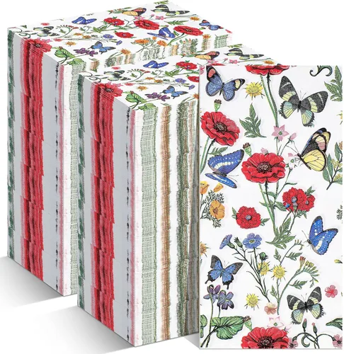 Outus Paquete de 200 servilletas de 3 capas con diseño de mariposas y flores silvestres, servilletas de mano desechables de papel a granel para
